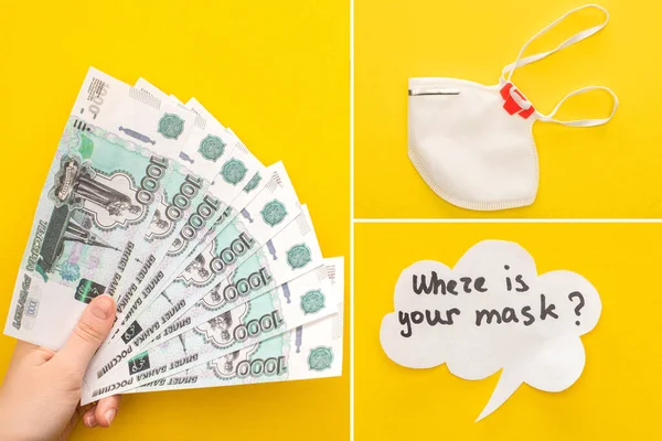 KYIV, UKRAINE - MARCH 25, 2020: top view of female hand with Russian banknotes and safety mask near speech bubble on yellow background, collage — Stock Photo