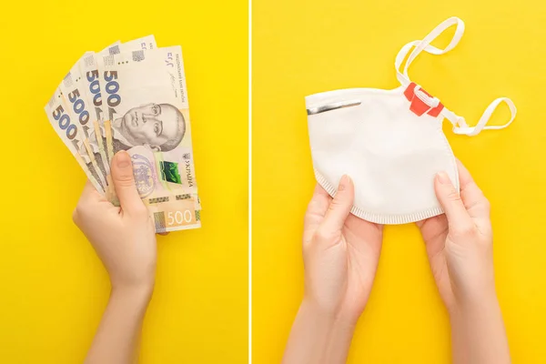 KYIV, UKRAINE - MARCH 25, 2020: partial view of woman holding Ukrainian banknotes and safety mask on yellow background, collage — Stock Photo