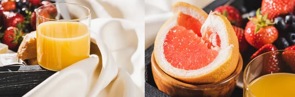 Collage of french breakfast with grapefruit, orange juice, berries on wooden tray on textured white cloth, panoramic shot — Stock Photo