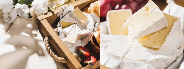 Collage de desayuno francés con Camembert, fresas en bandeja de madera sobre tela blanca texturizada con peonías - foto de stock