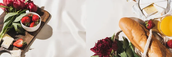 Collage of french breakfast with baguette, Camembert, strawberries and peonies on white tablecloth — Stock Photo