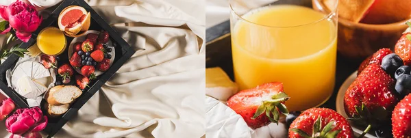 Collage de desayuno francés con pomelo, Camembert, zumo de naranja, bayas y baguette en bandeja cerca de peonías sobre mantel blanco - foto de stock