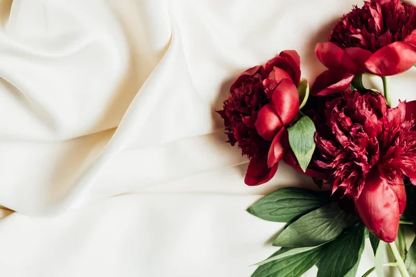 Vista dall'alto di peonie rosse su panno bianco — Foto stock