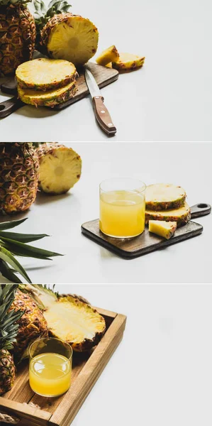 Collage de jus d'ananas frais en verre près de fruits délicieux coupés sur planche à découper en bois et en plateau sur fond blanc — Photo de stock