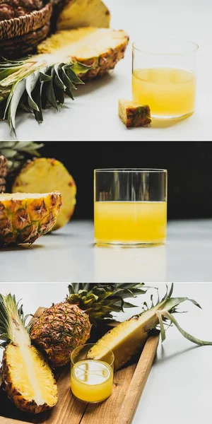 Collage of fresh pineapple juice and cut delicious fruit in tray on white surface on black background — Stock Photo