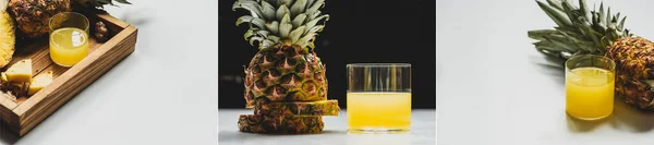 Collage of fresh pineapple juice and cut delicious fruit on wooden tray on white background, panoramic orientation — Stock Photo