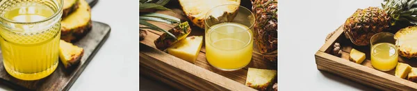 Колаж свіжого ананасового соку і нарізаний смачними фруктами на дерев'яному лотку на білому тлі, панорамна орієнтація — стокове фото