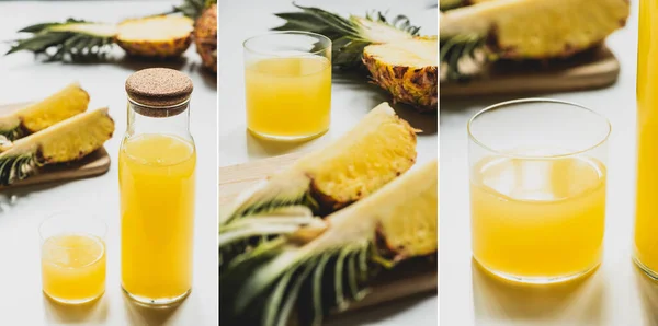 Messa a fuoco selettiva di succo d'ananas fresco in bottiglia e vetro vicino tagliare deliziosa frutta sul tagliere su sfondo bianco, collage — Foto stock