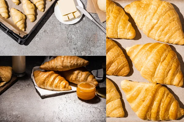 Collage di croissant crudi e freschi al forno con burro e marmellata su superficie grigio cemento al buio — Foto stock