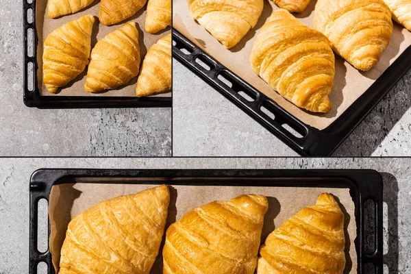 Collage of baked delicious croissants on baking tray on concrete grey surface — Stock Photo