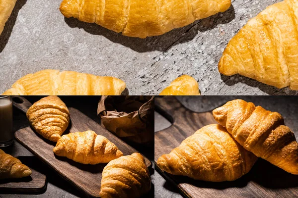 Collage of fresh baked croissants on wooden cutting board and on concrete grey surface in dark — Stock Photo