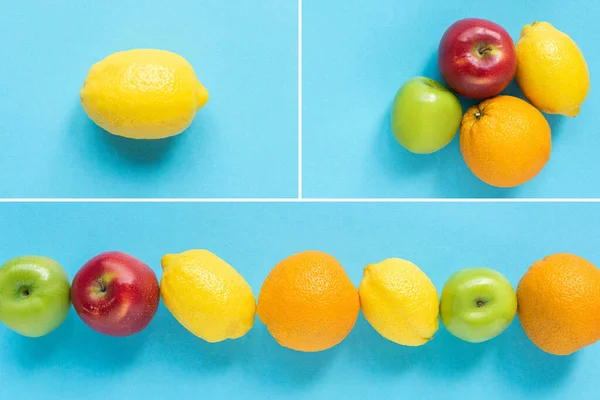 Draufsicht auf reife bunte Früchte auf blauem Hintergrund, Collage — Stockfoto