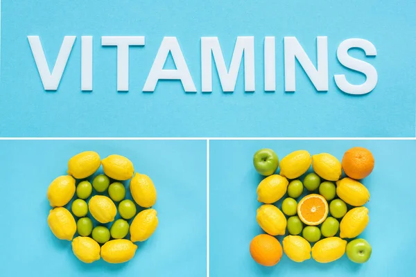 Верхний вид спелых апельсинов, лимонов и лаймов, витамины слова на голубом фоне, коллаж — стоковое фото