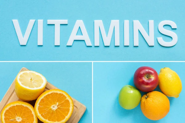Draufsicht auf reife Orange, Zitronenhälften auf Holzschneidebrett, Wort Vitamine und reife Früchte auf blauem Hintergrund, Collage — Stockfoto