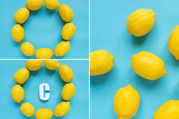 Vista superior de limones amarillos maduros y letra C sobre fondo azul, collage - foto de stock