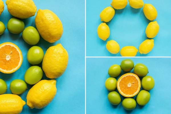 Draufsicht auf reife gelbe Zitronen, Orange und Limetten, kreisförmig auf blauem Hintergrund angeordnet, Collage — Stockfoto