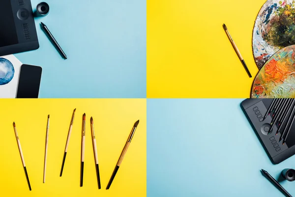 Collage of graphics tablet, watercolor drawing and paintbrushes on blue and yellow surface — Stock Photo