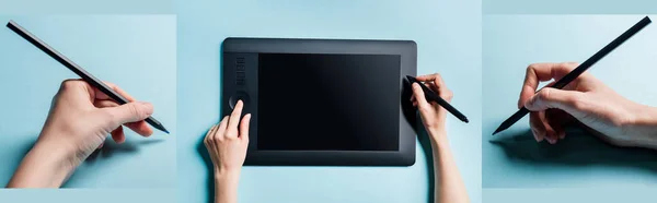 Collage of man using graphics tablet and holding color pencil on blue background — Stock Photo