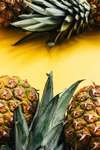 Selective focus of fresh ripe pineapples with green leaves on yellow background — Stock Photo