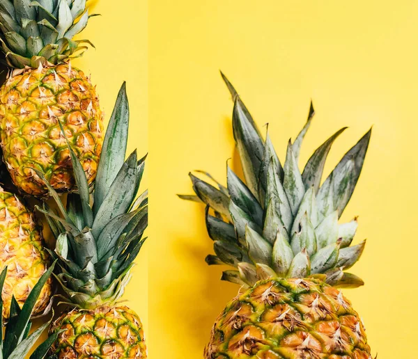 Collage of fresh ripe pineapples with green leaves on yellow background — Stock Photo