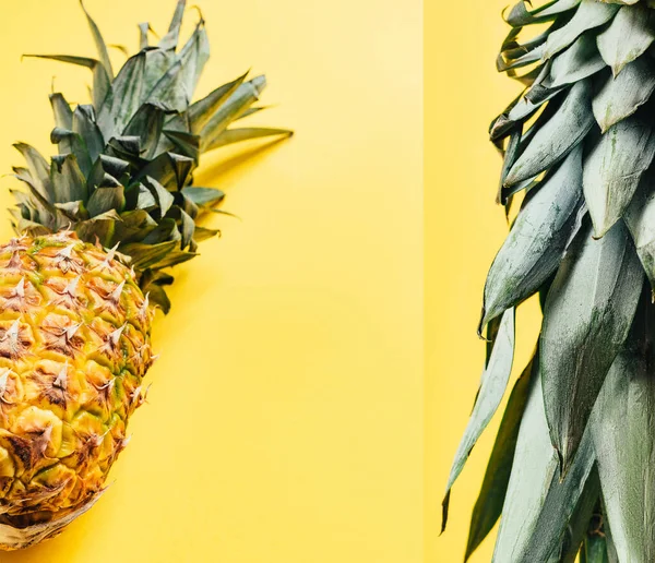 Collage of fresh ripe pineapple with green leaves on yellow background — Stock Photo