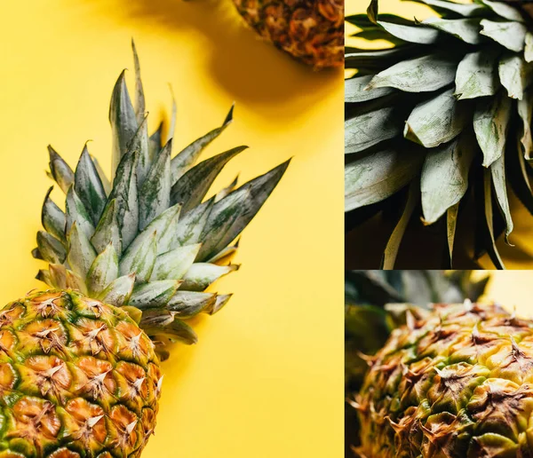 Collage of fresh ripe pineapples on yellow background — Stock Photo