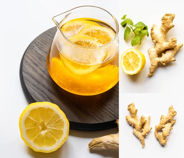 Collage of hot tea near ginger root, lemon and mint on wooden board on white background — Stock Photo