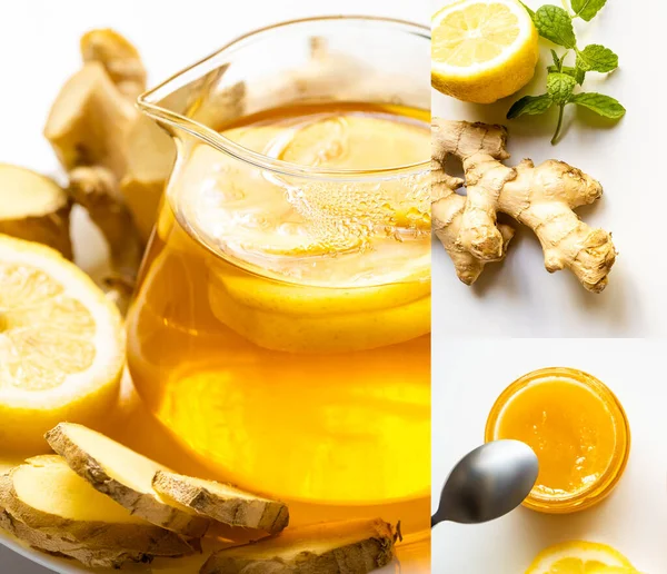 Коллаж горячего чая рядом с медом, корень имбиря, лимон и мята на белом фоне — стоковое фото