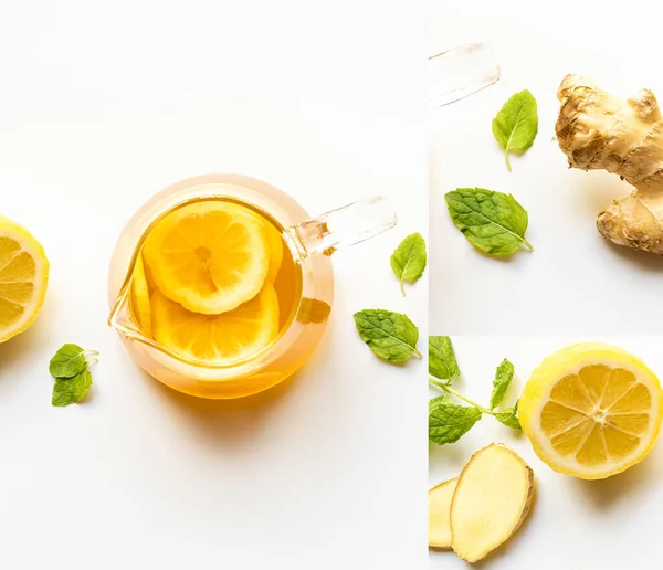 Collage of hot tea near ginger root, lemon and mint on white background — Stock Photo