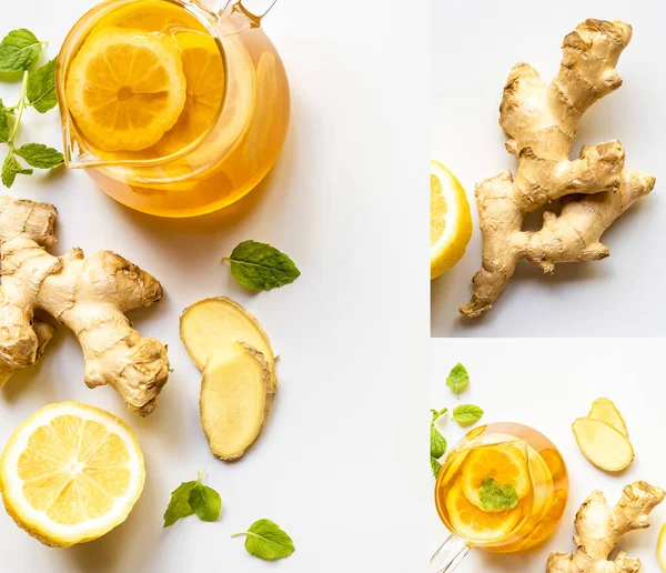 Collage de té caliente cerca de raíz de jengibre, limón y menta sobre fondo blanco - foto de stock