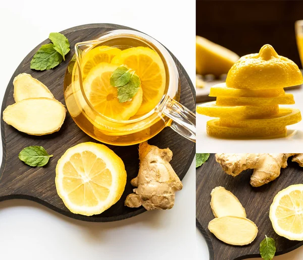 Collage de té caliente cerca de raíz de jengibre, limón y menta sobre tabla de madera sobre fondo blanco - foto de stock