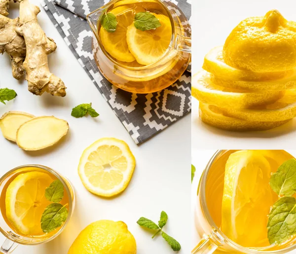 Collage aus heißem Tee in Teekanne auf Serviette in der Nähe von Ingwerwurzel, Zitrone und Minze auf weißem Hintergrund — Stockfoto