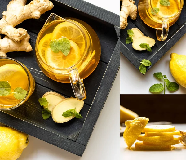 Collage of hot tea near ginger root, lemon and mint on wooden tray on white background — Stock Photo