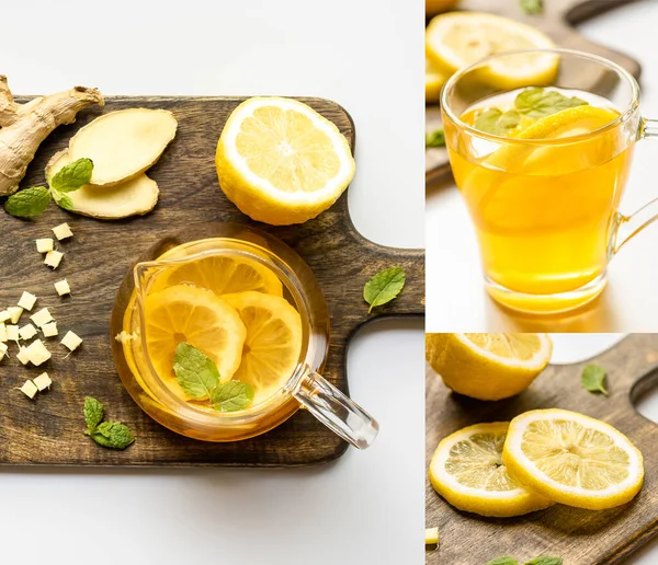 Collage of hot tea near ginger root, lemon and mint on wooden cutting board on white background — Stock Photo