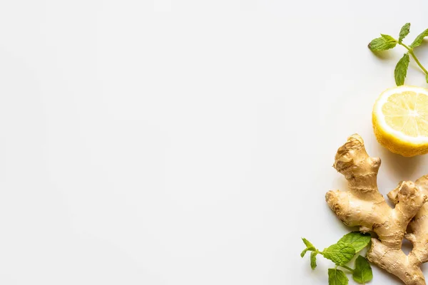 Vue du dessus de la racine de gingembre, citron et menthe sur fond blanc — Photo de stock