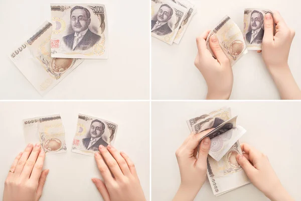 KYIV, UKRAINE - 25 MARS 2020 : collage de femmes tenant, comptant et déchirant des billets en yen japonais isolés sur du blanc — Photo de stock