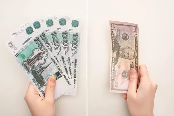 KYIV, UKRAINE - MARCH 25, 2020: колаж жінки з рубінами та купюрами в доларах ізольований на білому — стокове фото