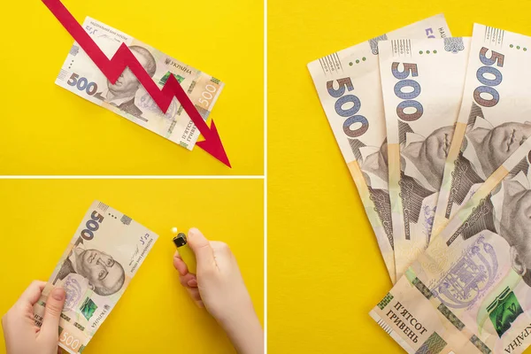 KYIV, UKRAINE - MARCH 25, 2020: collage of woman holding lighter near ukrainian hryvnia banknotes near crisis graph isolated on yellow — Stock Photo