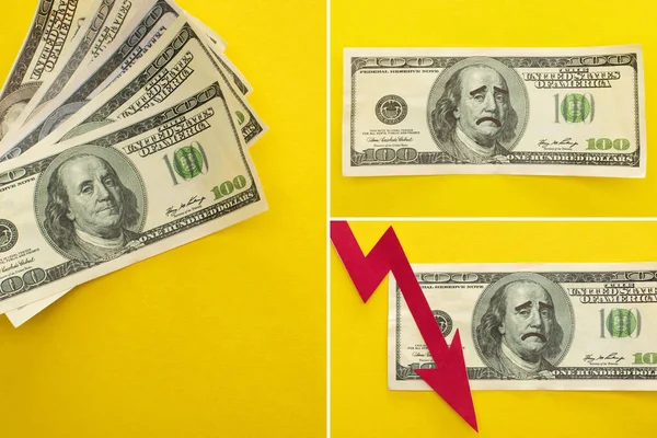 QUIIV, UCRÂNIA - 25 DE MARÇO DE 2020: colagem de notas de dólar com rosto triste a aproximar-se de um gráfico de crise isolado em amarelo — Fotografia de Stock