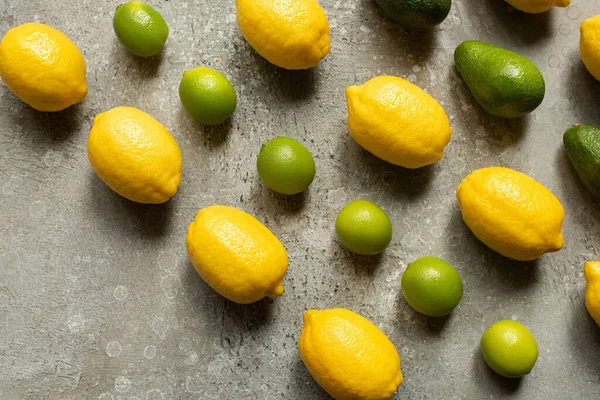 Pose plate avec des chaux colorées, avocat et citrons sur la surface en béton gris — Photo de stock