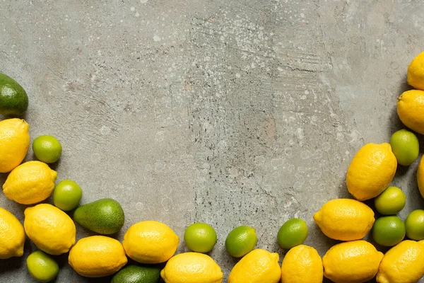 Vista dall'alto di avocado colorato, lime e limoni su una superficie di cemento grigio — Stock Photo