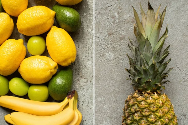 Collage bunter frischer Früchte auf grauer Betonoberfläche — Stockfoto