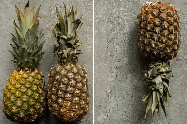 Top view of ripe pineapples on grey concrete surface, collage — Stock Photo