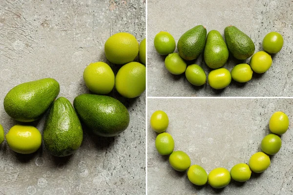 Top view of green avocado, limes on grey concrete surface, collage — Stock Photo