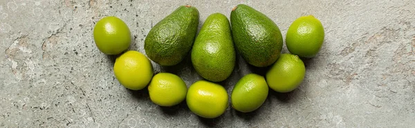 Top view of green avocado, limes on grey concrete surface, panoramic shot — Stock Photo
