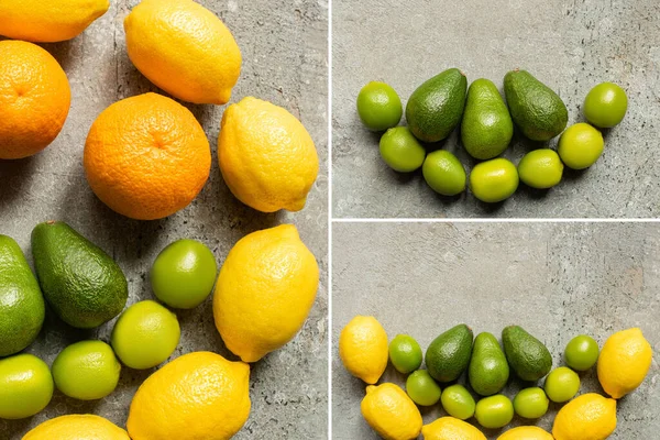 Top view of colorful oranges, avocado, limes and lemons on grey concrete surface, collage — Stock Photo
