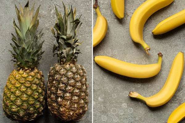 Top view of colorful delicious bananas and pineapples on grey concrete surface, collage — Stock Photo