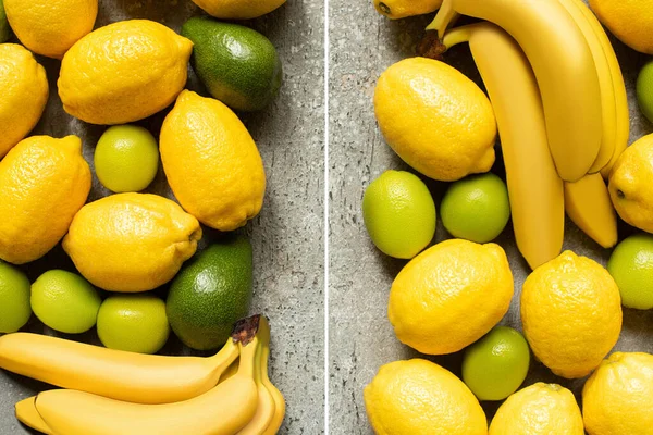 Top view of colorful bananas, avocado, limes and lemons on grey concrete surface, collage — Stock Photo