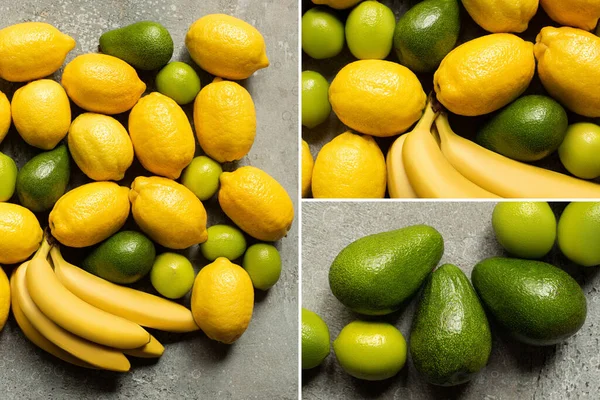 Top view of colorful bananas, avocado, limes and lemons on grey concrete surface, collage — Stock Photo