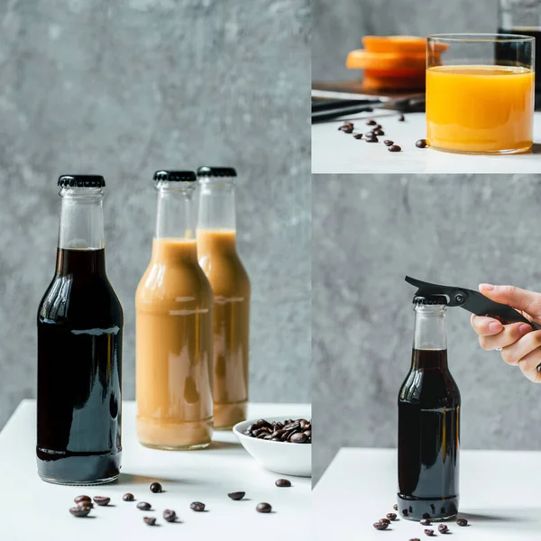 Collage of cold brew coffee in bottles, orange juice female hand with opener — Stock Photo